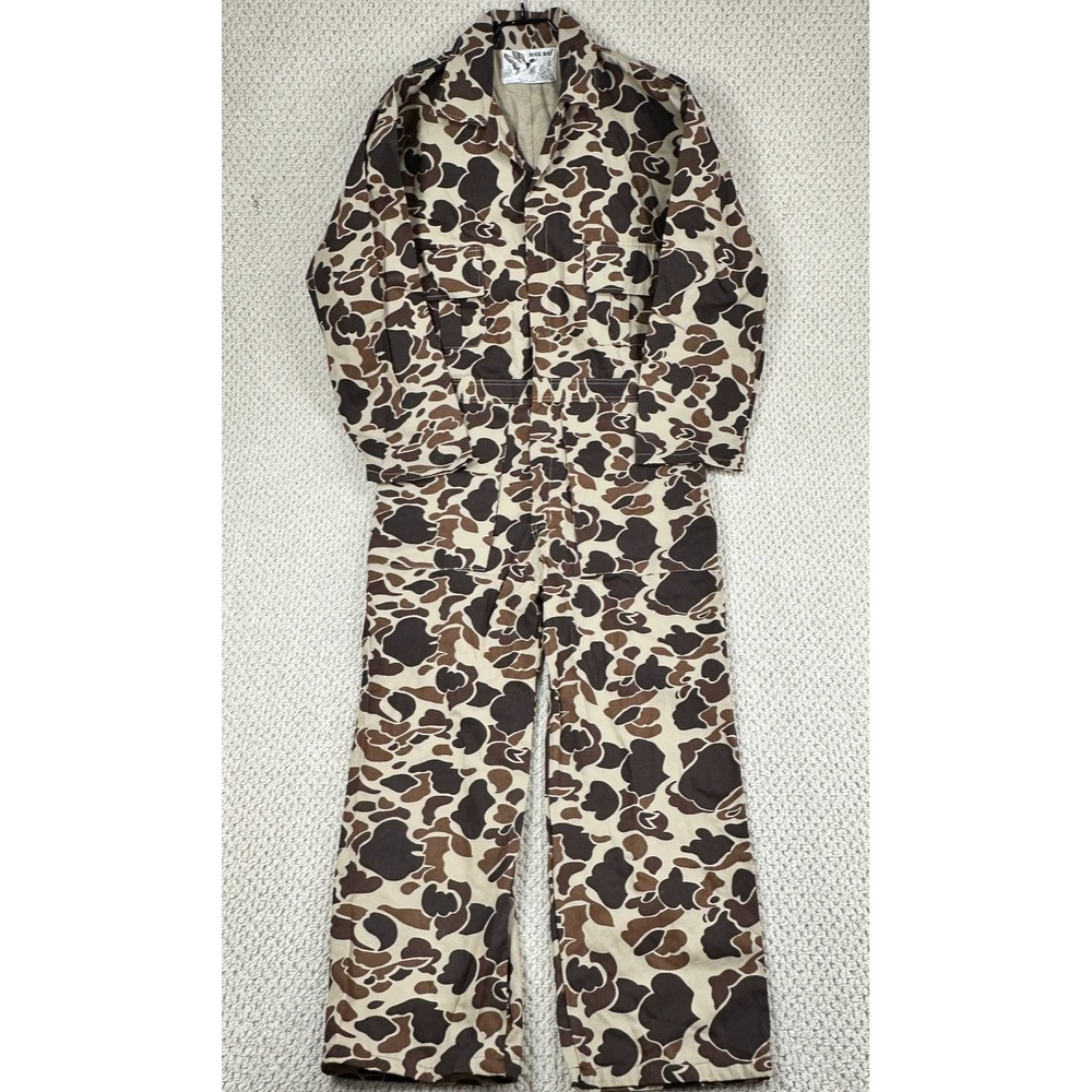 Vtg Duck Bay Coveralls Mens Medium Brown Duck Camo Hunting One Piece EUC